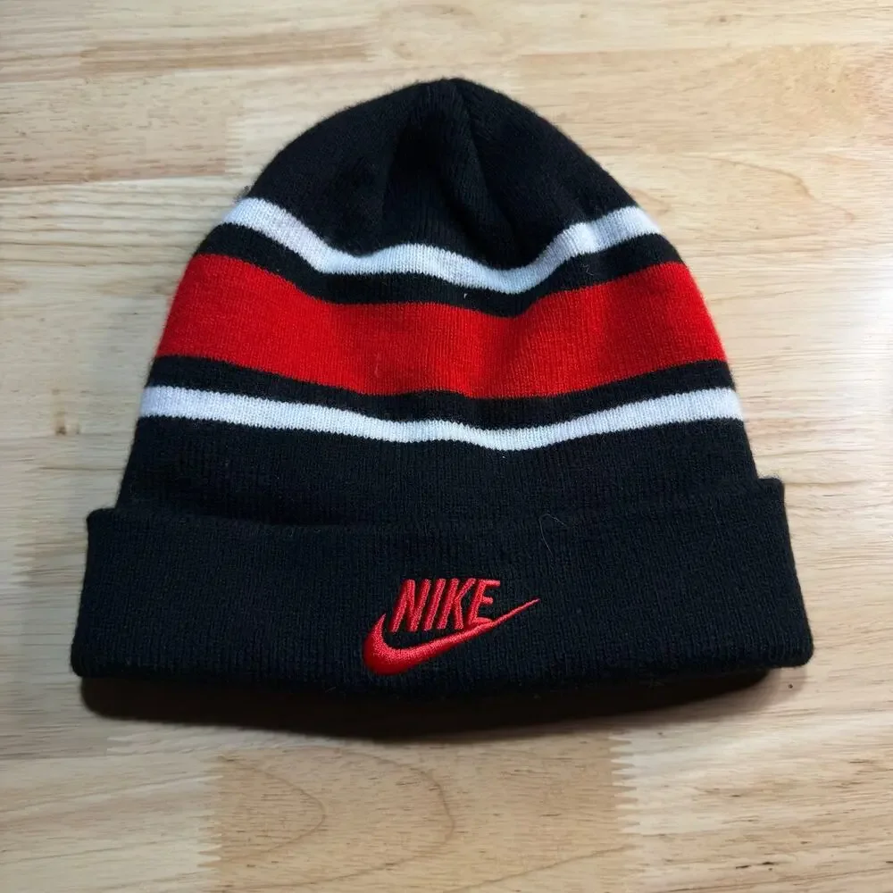 Nike Boys Youth Winter Hat Beanie Black Red White Stripe Hat